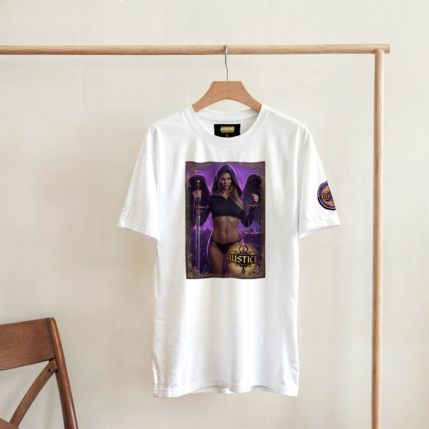 Justice Angel T-Shirt | Heavyweight unisex streetwear tee featuring sword and scales design. Bold statement piece.