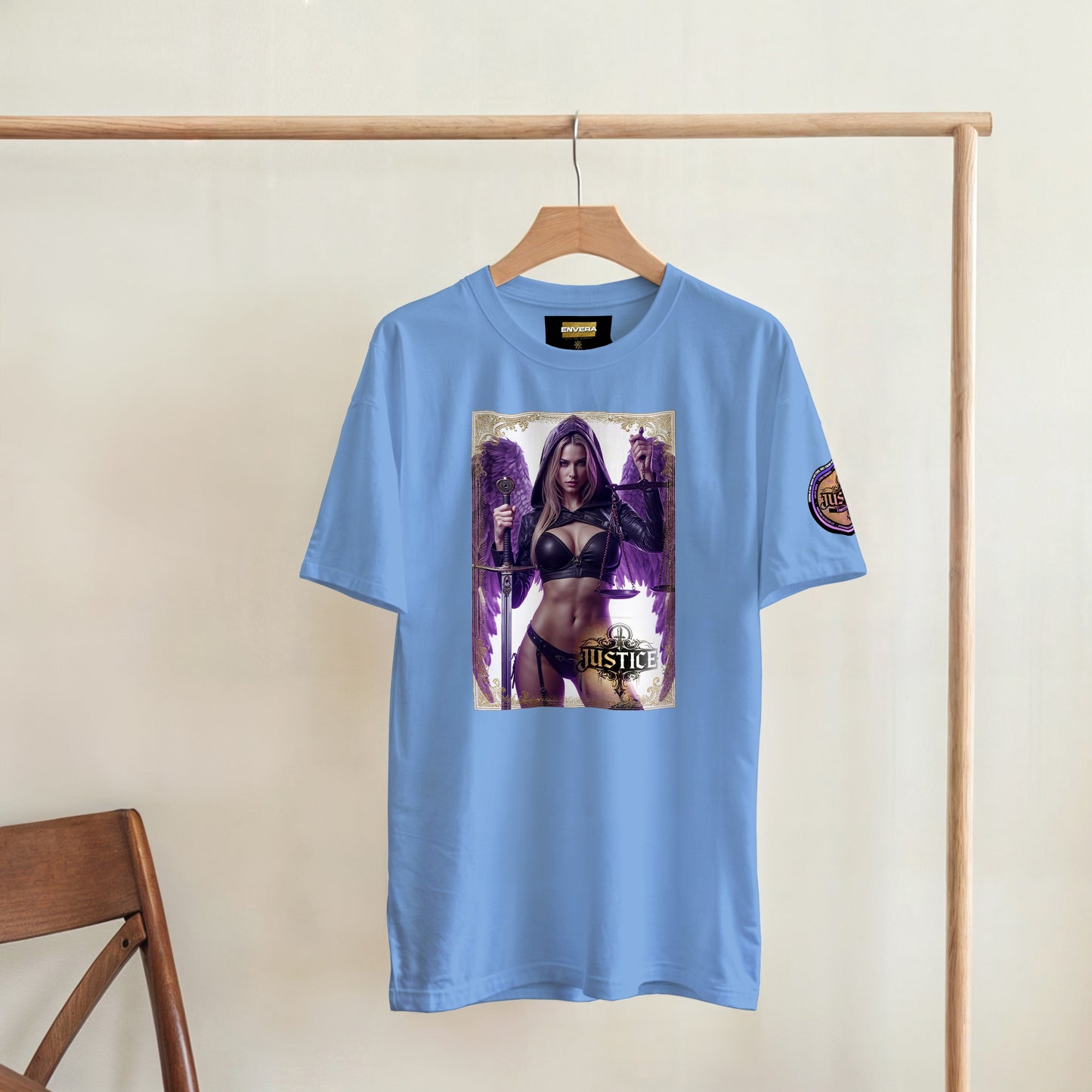 Justice Angel T-Shirt | Heavyweight unisex tee featuring ethereal angel wings cradling a sword and the scales of justice