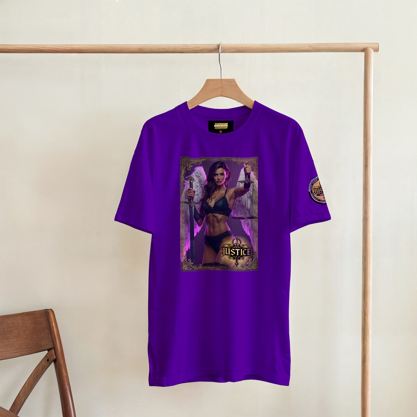 Justice Angel T-Shirt | Heavyweight unisex tee featuring ethereal angel wings cradling a sword and the scales of justice