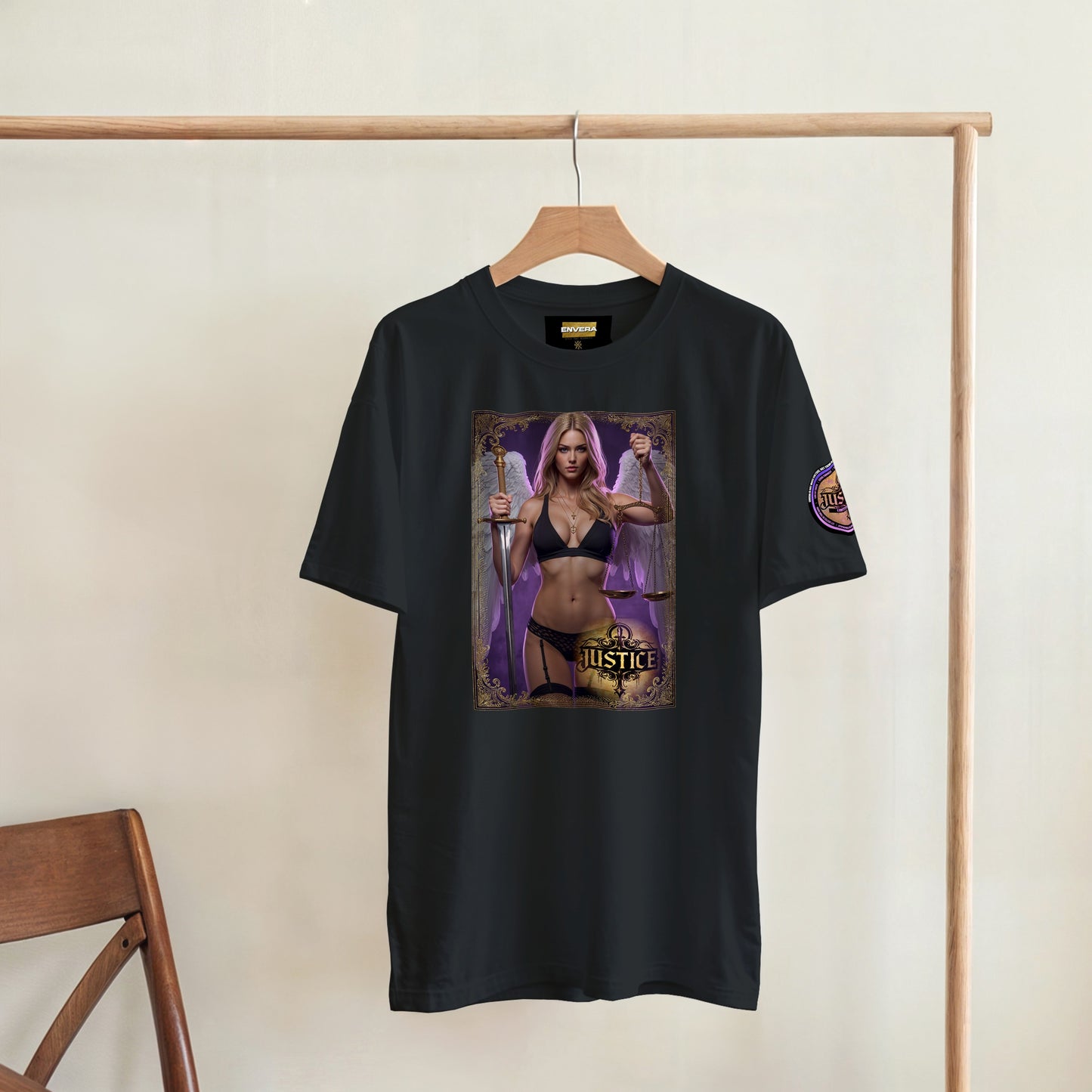 Justice Angel T-Shirt | Heavyweight unisex streetwear tee featuring sword and scales design. Bold statement piece.