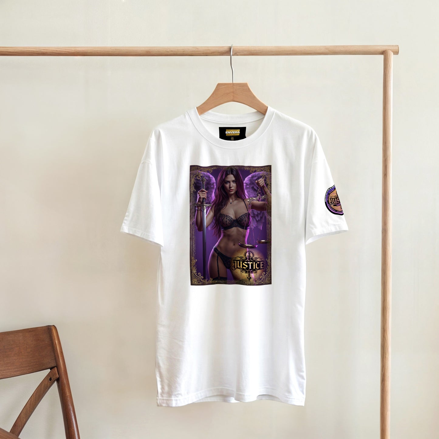 Justice Angel T-Shirt | Heavyweight unisex streetwear tee featuring sword and scales design. Bold statement piece.