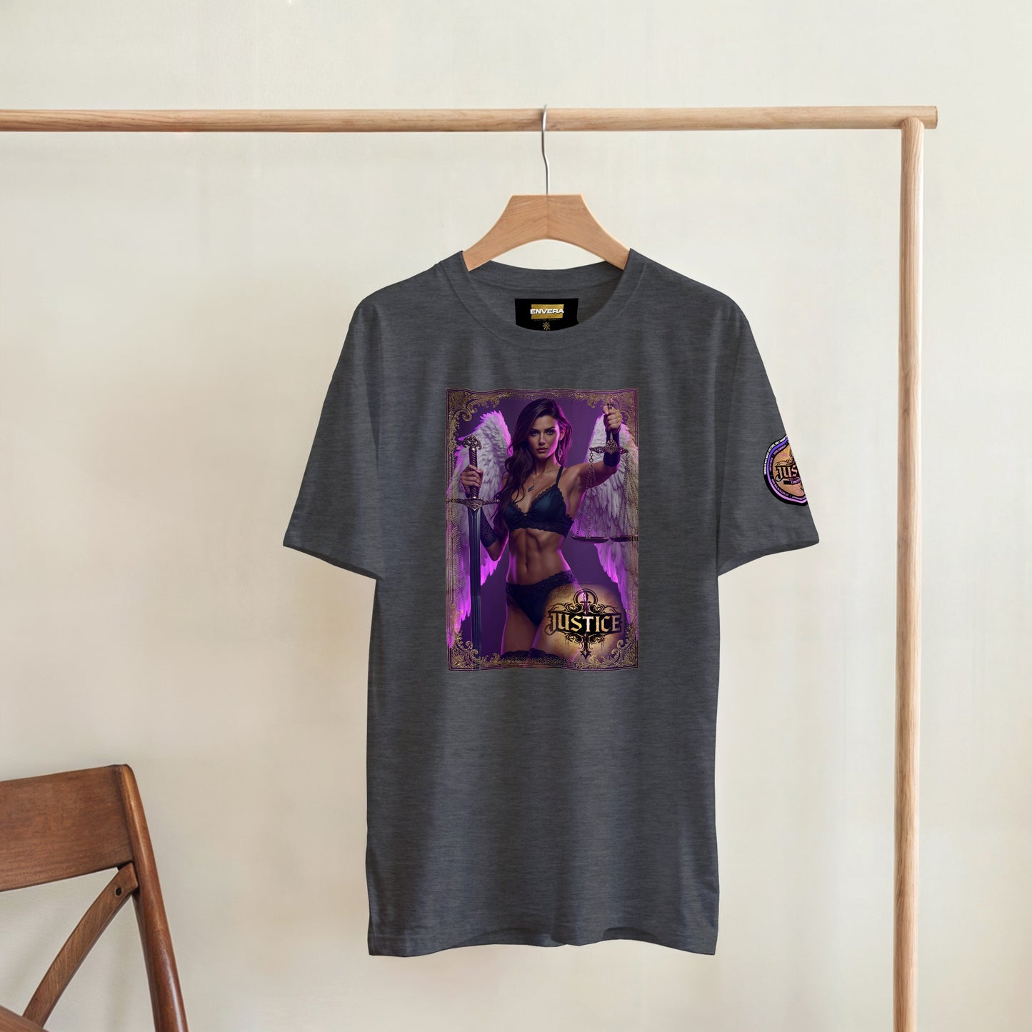 Justice Angel T-Shirt | Heavyweight unisex tee featuring ethereal angel wings cradling a sword and the scales of justice