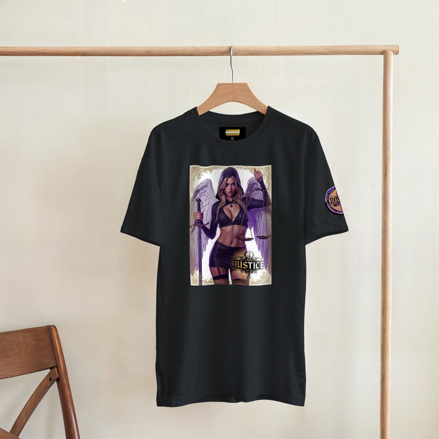 Justice Angel T-Shirt | Heavyweight unisex streetwear tee featuring sword and scales design. Bold statement piece.