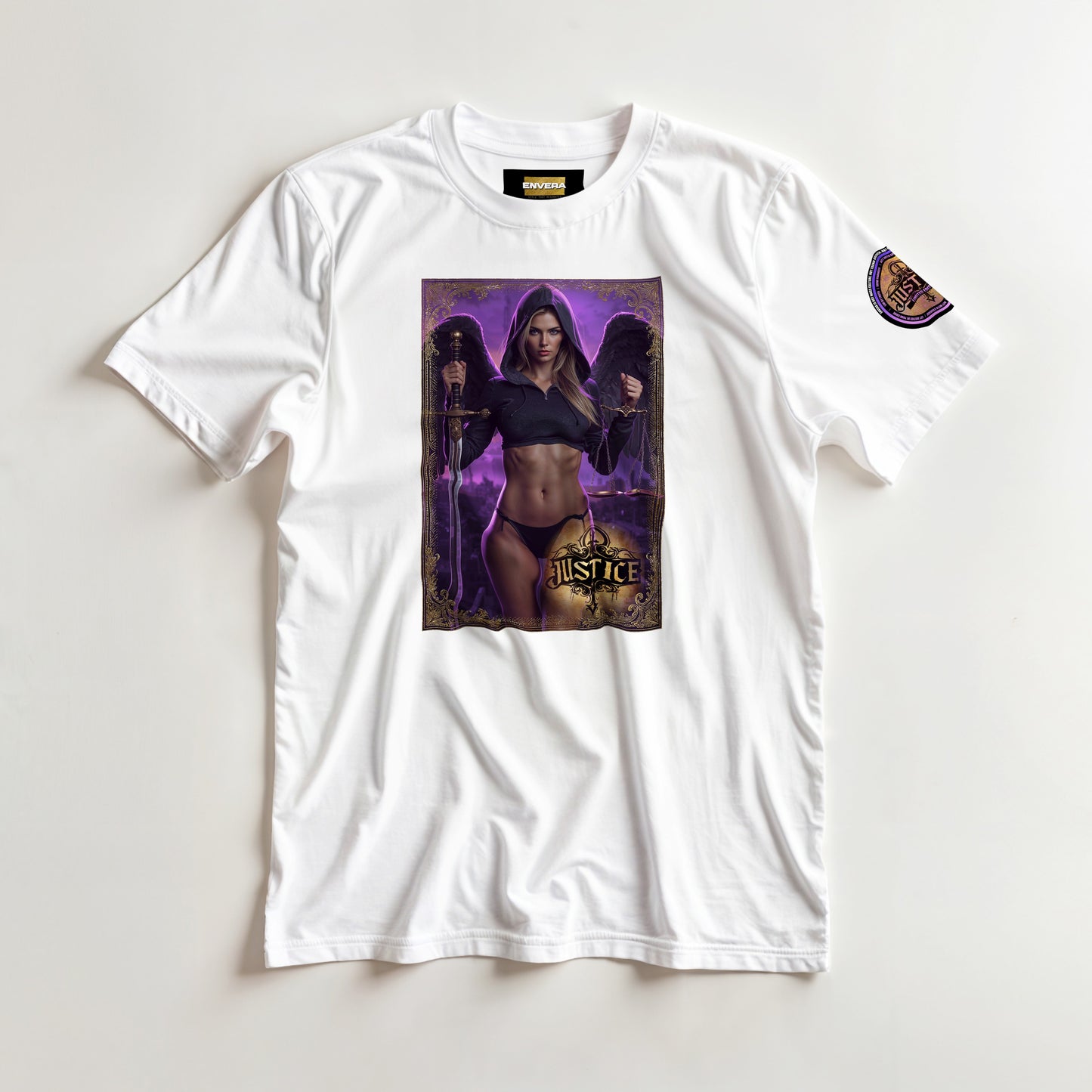 Justice Angel T-Shirt | Heavyweight unisex streetwear tee featuring sword and scales design. Bold statement piece.
