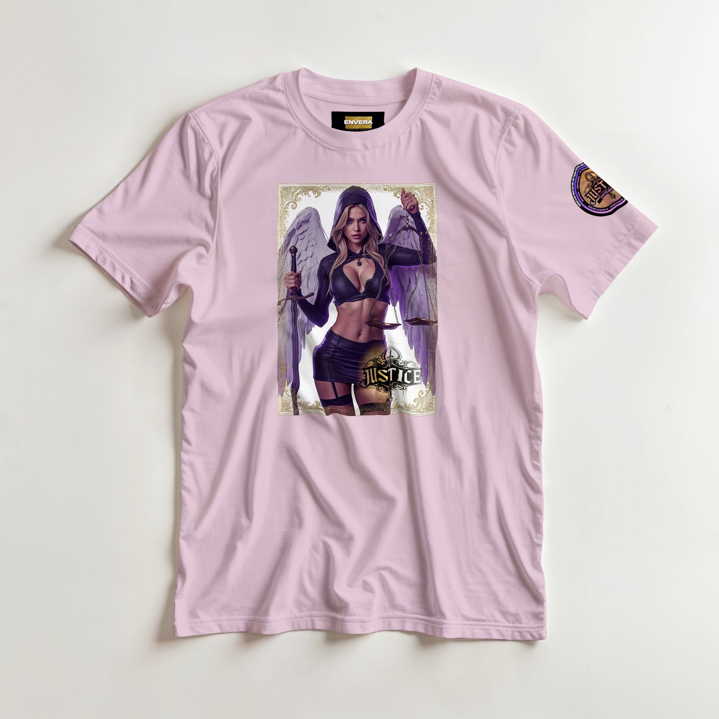 Justice Angel T-Shirt | Heavyweight unisex streetwear tee featuring sword and scales design. Bold statement piece.