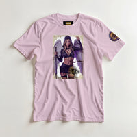 Justice Angel heavyweight unisex streetwear T-shirt featuring a powerful female winged angel holding a sword and balanced scales in a bold graphic design