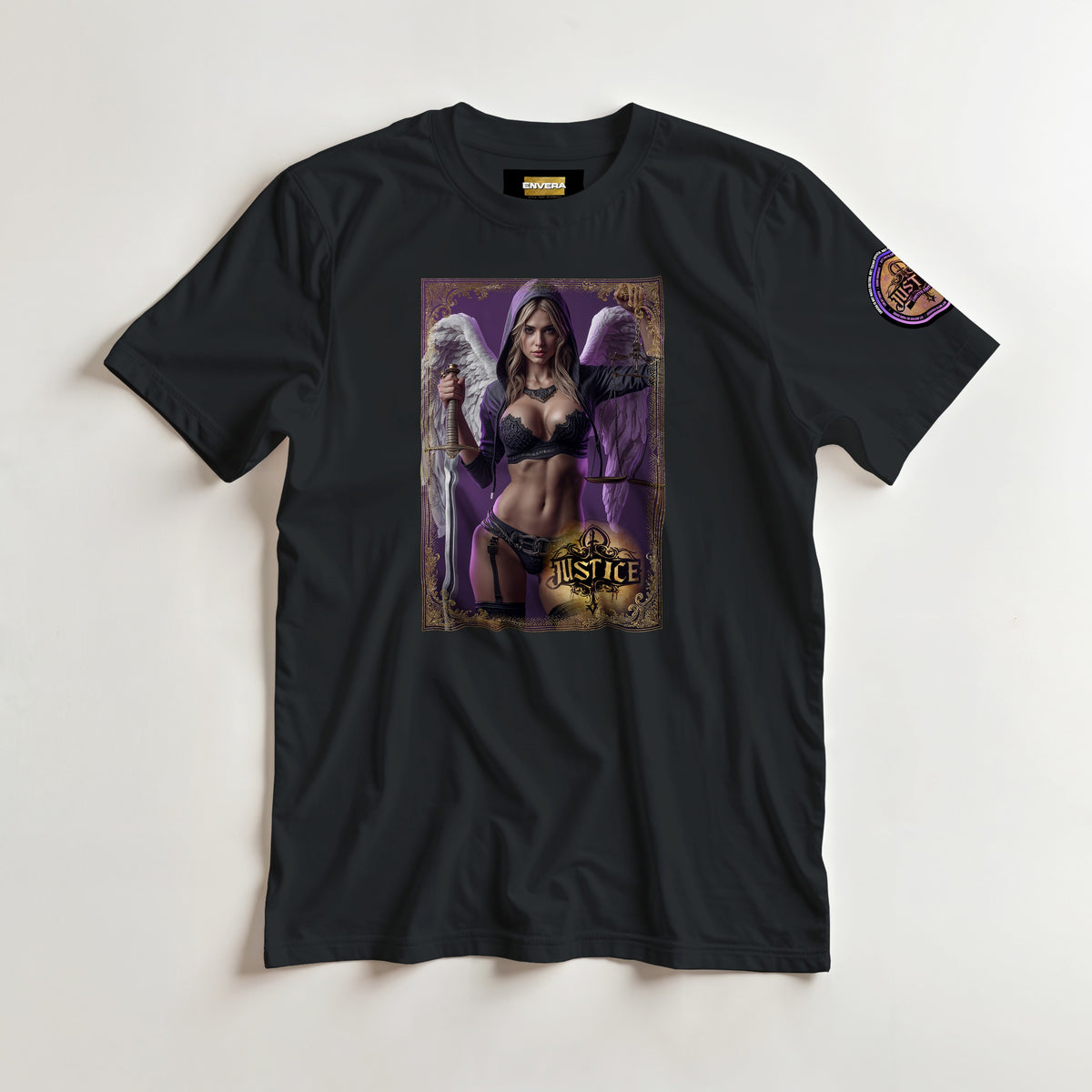 Justice Angel heavyweight unisex streetwear T-shirt featuring a powerful female winged angel holding a sword and balanced scales in a bold graphic design