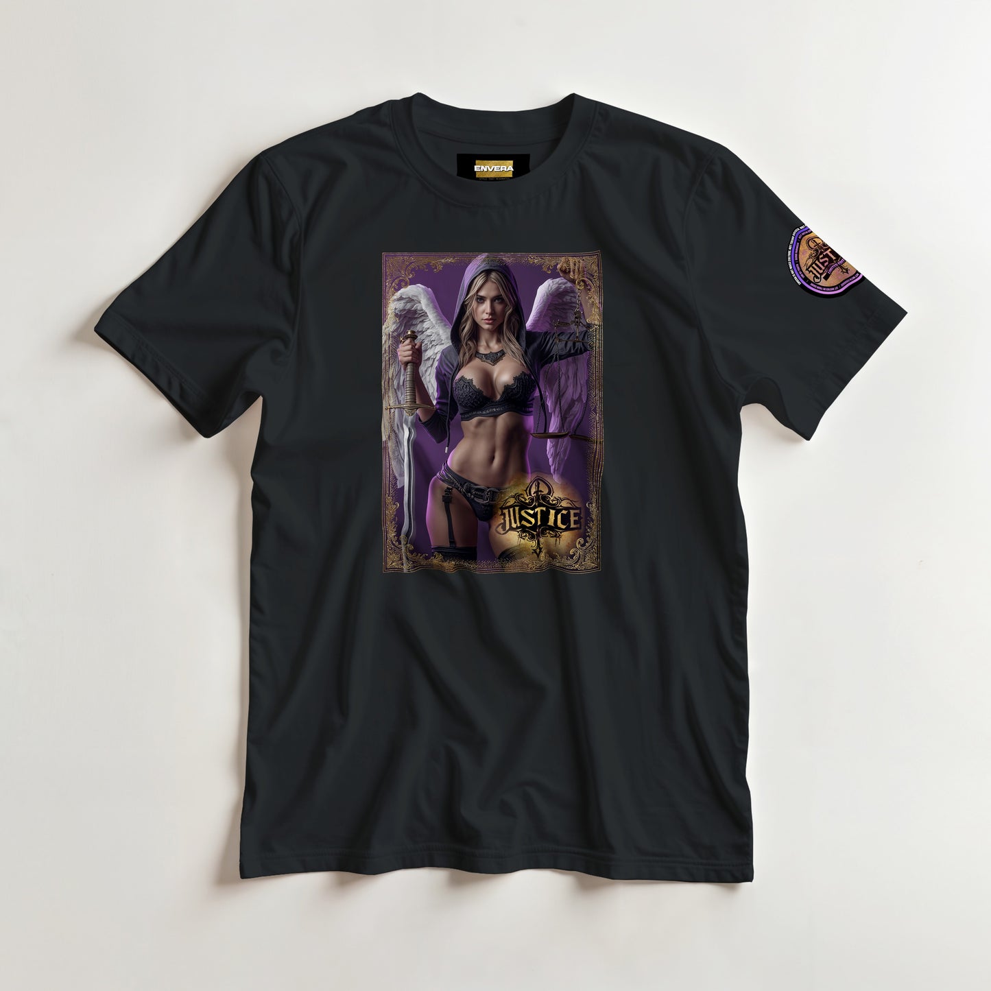 Justice Angel T-Shirt | Heavyweight unisex streetwear tee featuring sword and scales design. Bold statement piece.