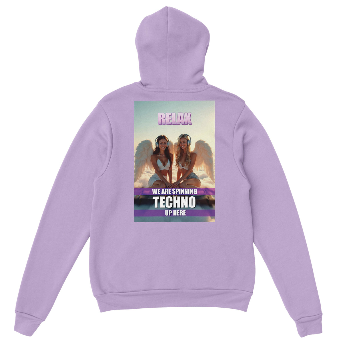 Heavenly Techno Angels unisex streetwear hoodie featuring cloud DJ girls graphic with techno rave theme and “we are spinning techno up here” design