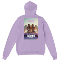 Heavenly Techno Angels unisex streetwear hoodie featuring cloud DJ girls graphic with techno rave theme and “we are spinning techno up here” design