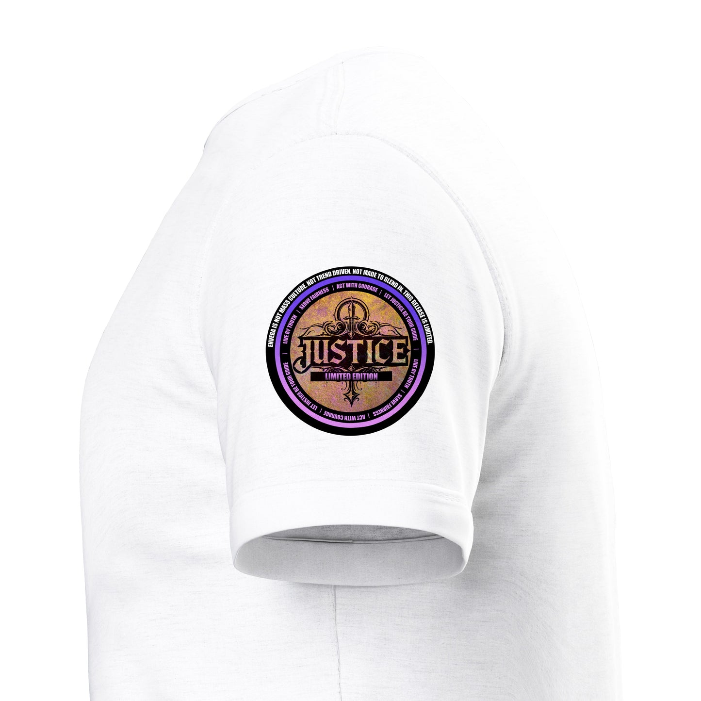 Justice Angel T-Shirt | Heavyweight unisex streetwear tee featuring sword and scales design. Bold statement piece.