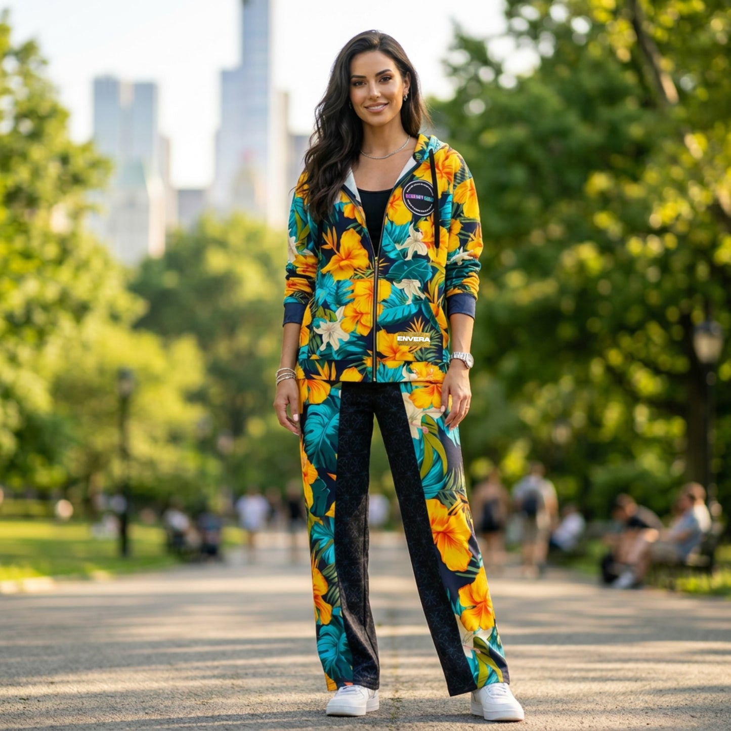 VIBRANT REBEL Tropical floral streetwear Wide-leg joggers, vibrant all-over print, eye-catching design, standout fashion | Trendy design