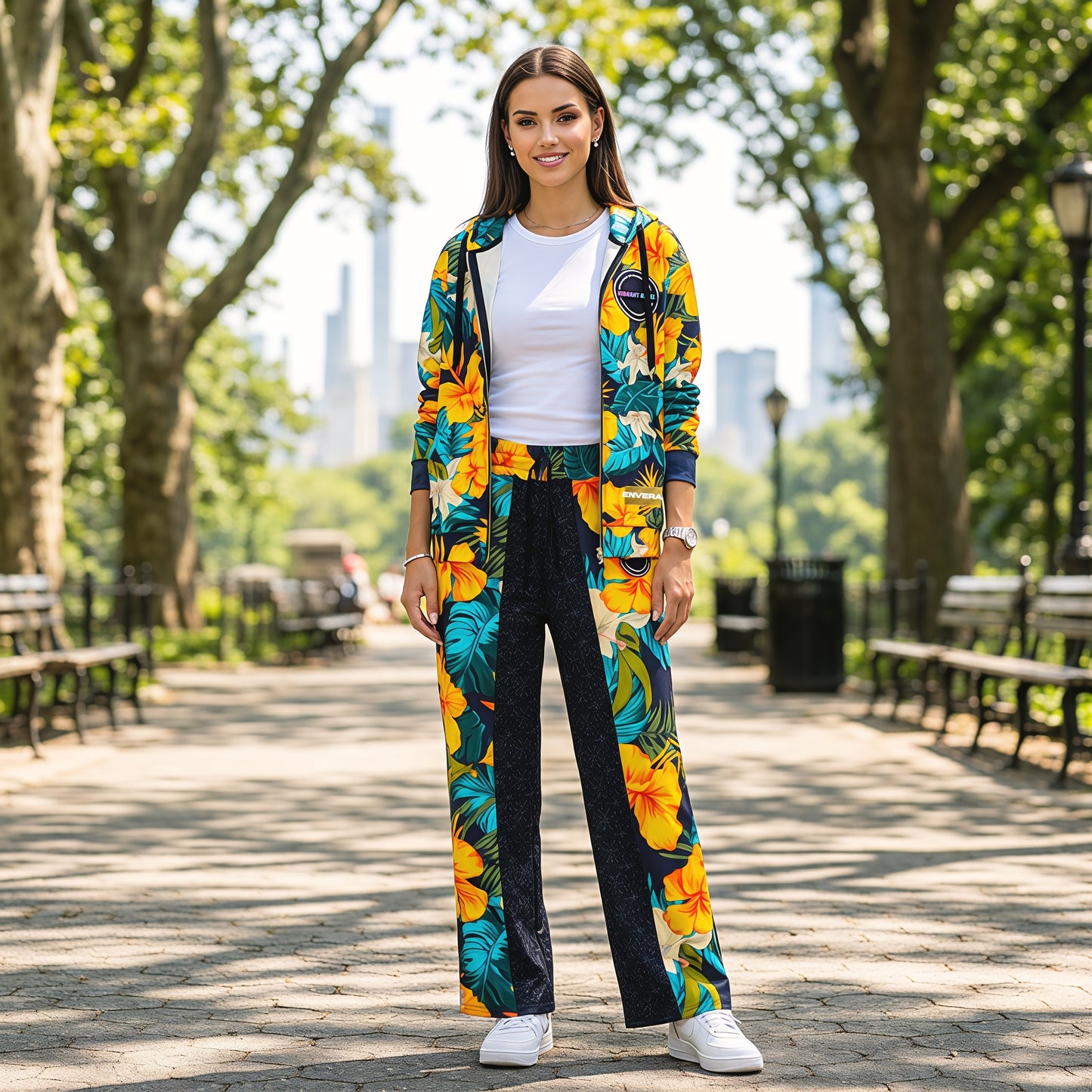 VIBRANT REBEL Tropical floral streetwear Wide-leg joggers, vibrant all-over print, eye-catching design, standout fashion | Trendy design