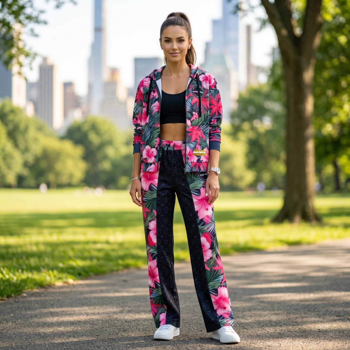 VIBRANT REBEL Tropical floral streetwear Wide-leg joggers, vibrant all-over print, eye-catching design, standout fashion | Trendy design