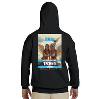 Heavenly Techno Angels unisex streetwear hoodie featuring cloud DJ girls graphic with techno rave theme and “we are spinning techno up here” design