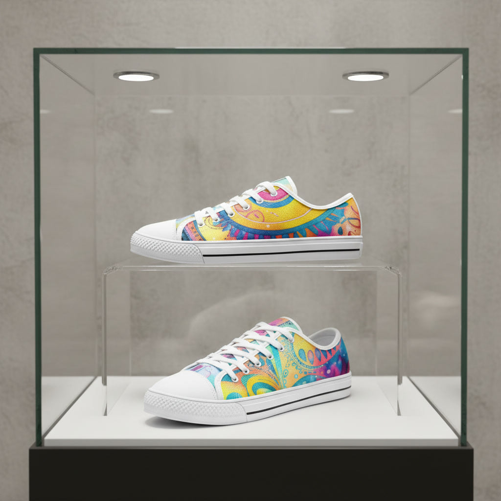 Low-top canvas shoes featuring a bold psychedelic abstract print in vibrant shades of blue, pink, purple, orange, and yellow. Modern designer sneakers with colorful swirling artwork, white laces, white rubber soles, and a contemporary streetwear aesthetic