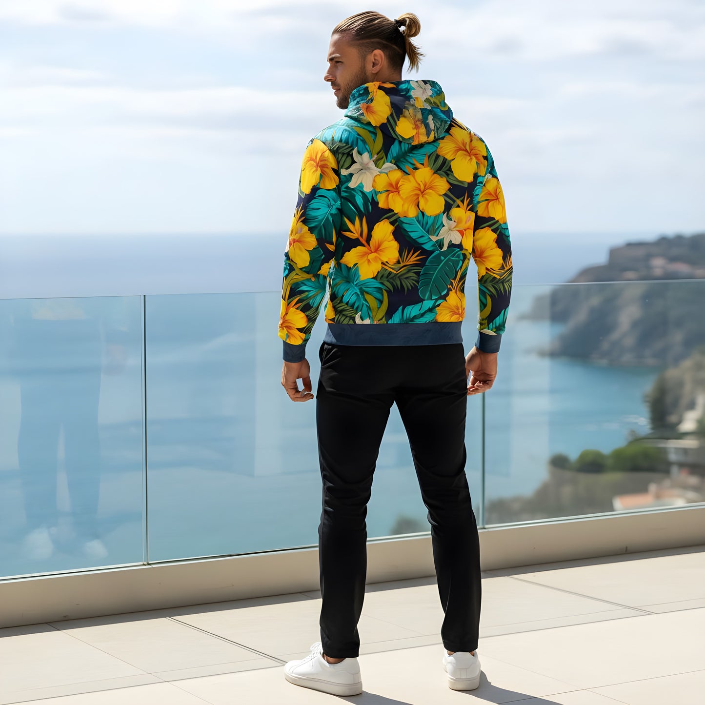VIBRANT REBEL Tropical floral streetwear zip hoodie, vibrant all-over print, eye-catching design, standout fashion | Trendy design