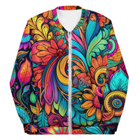 Unisex bomber jacket with all-over bohemian floral and ornamental print featuring a Hamsa hand back design in vibrant colors