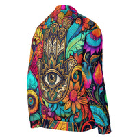 Unisex bomber jacket with all-over bohemian floral and ornamental print featuring a Hamsa hand back design in vibrant colors