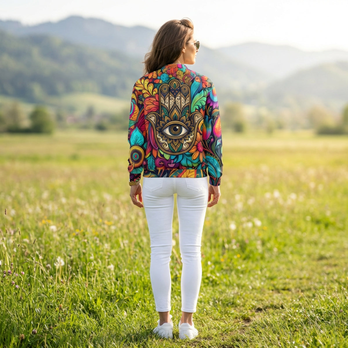 Unisex bomber jacket with all-over bohemian floral and ornamental print featuring a Hamsa hand back design in vibrant colors