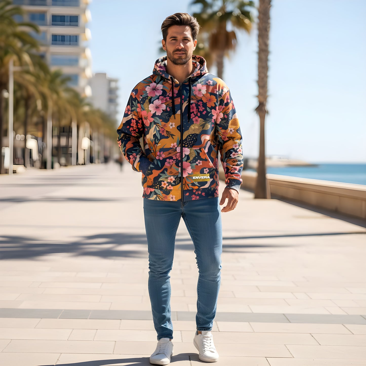 Floral camouflage unisex zip hoodie, bold streetwear hoodie, colorful camo hoodie, artistic floral pattern, standout fashion