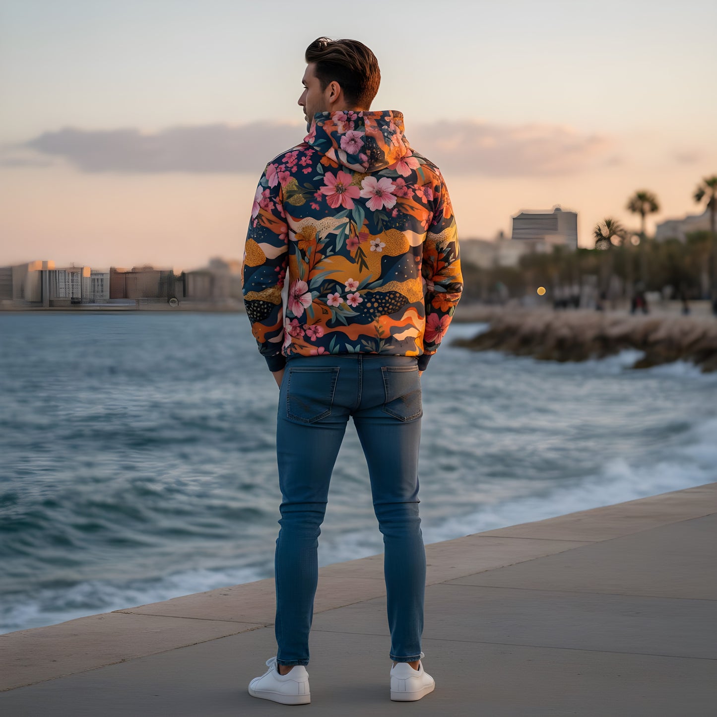 Floral camouflage unisex zip hoodie, bold streetwear hoodie, colorful camo hoodie, artistic floral pattern, standout fashion
