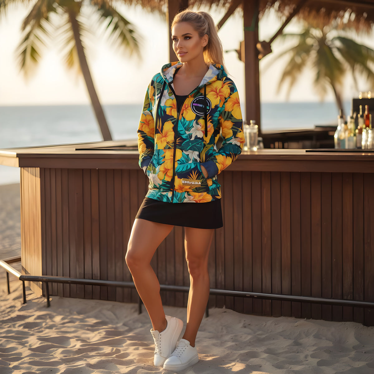 Vibrant Rebel tropical floral zip hoodie with all-over print of golden-yellow and orange hibiscus flowers and teal palm leaves