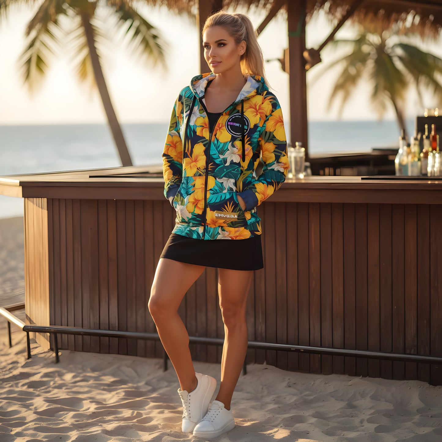 VIBRANT REBEL Tropical floral streetwear zip hoodie, vibrant all-over print, eye-catching design, standout fashion | Trendy design