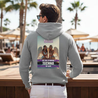 Heavenly Techno Angels unisex streetwear hoodie featuring cloud DJ girls graphic with techno rave theme and “we are spinning techno up here” design