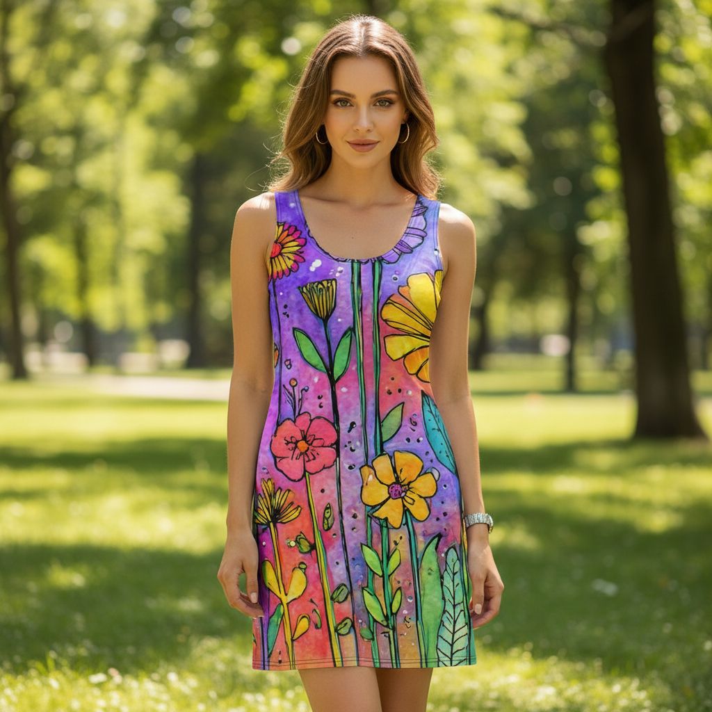 Vibrant colorful floral bodycon summer dress with a sculpted fit, combining comfort, flexibility, and bold summer statement style.