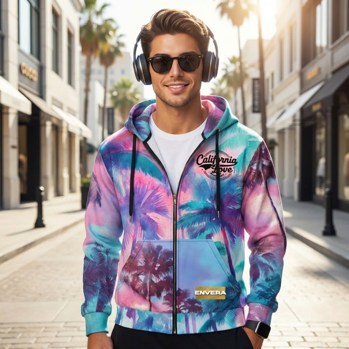 California Love Zip Hoodie | Psychedelic Palm Tree All-Over Print | Streetwear Unisex Hoodie | Vaporwave Aesthetic