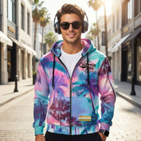 ENVERA California Love unisex zip hoodie with psychedelic tropical palm tree all-over print in pink, teal, purple, and blue