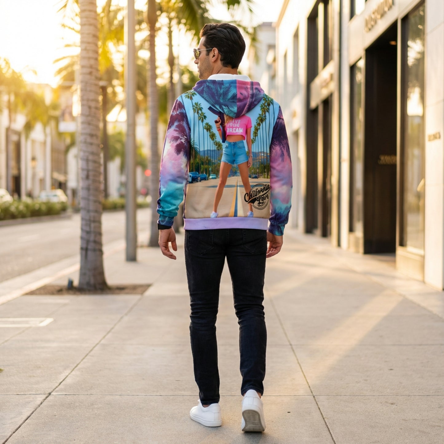 California Love Zip Hoodie | Psychedelic Palm Tree All-Over Print | Streetwear Unisex Hoodie | Vaporwave Aesthetic