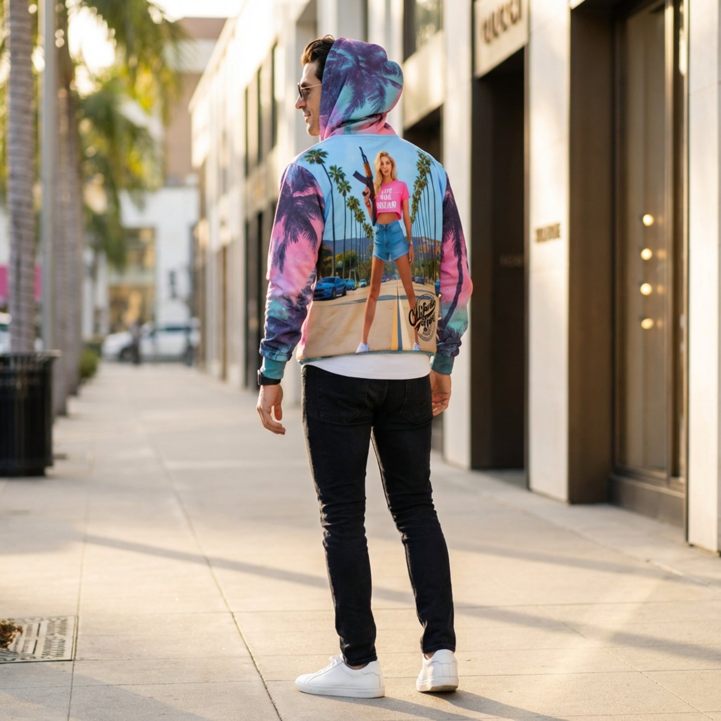 California Love Zip Hoodie | Psychedelic Palm Tree All-Over Print | Streetwear Unisex Hoodie | Vaporwave Aesthetic
