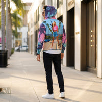 ENVERA California Love unisex zip hoodie with psychedelic tropical palm tree all-over print in pink, teal, purple, and blue