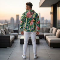 Nature-inspired floral camouflage zip hoodie with blooming pink flowers, lush green leaves, and artistic botanical print