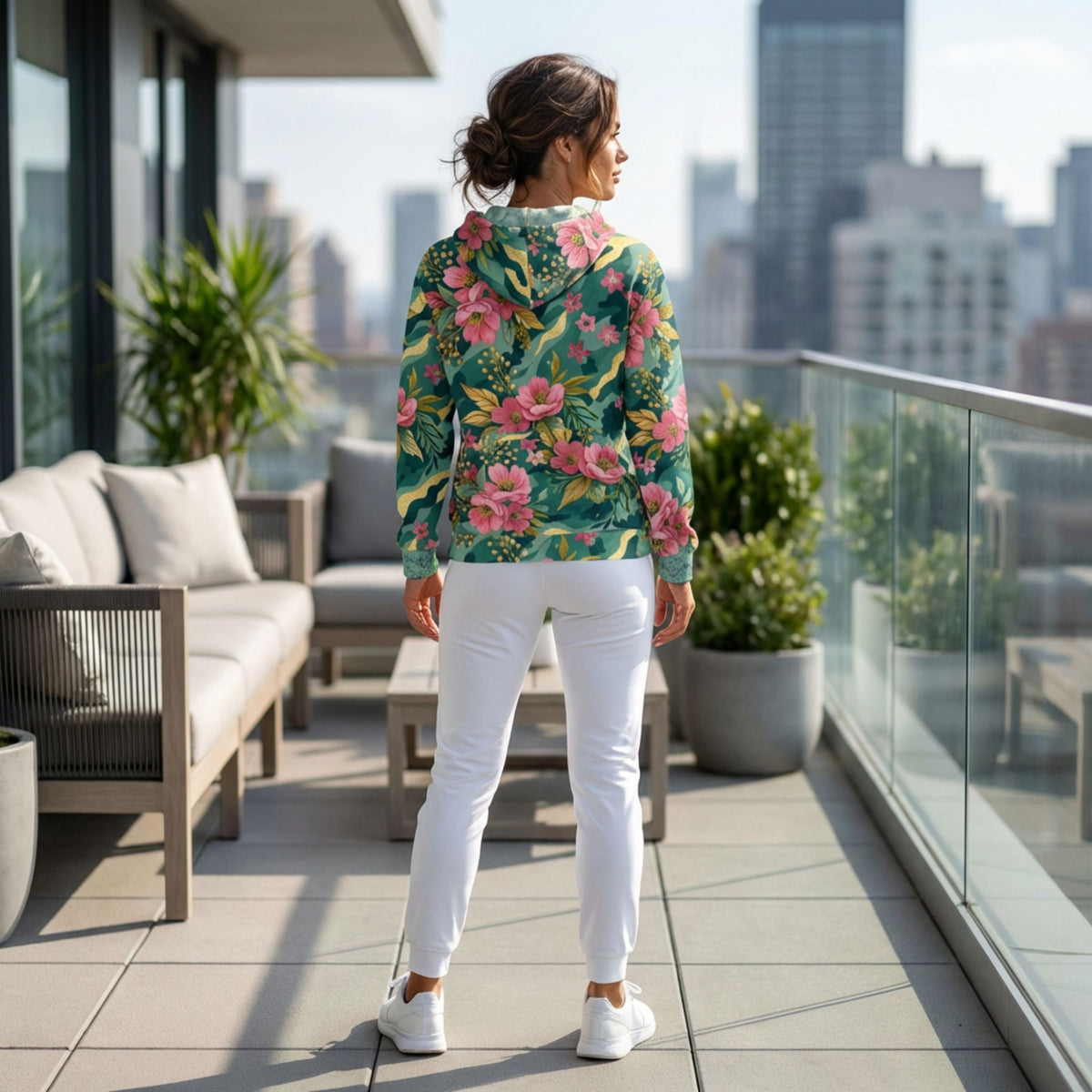Nature-inspired floral camouflage zip hoodie with blooming pink flowers, lush green leaves, and artistic botanical print