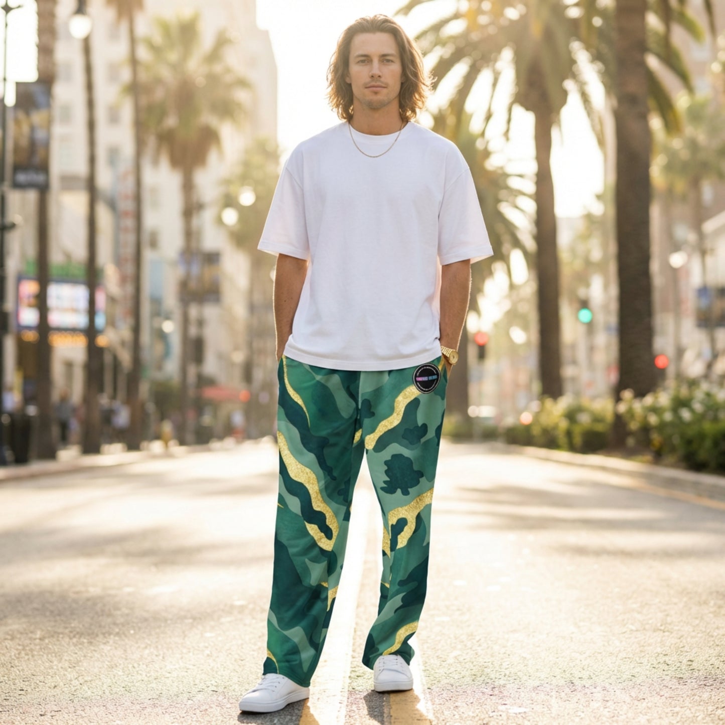VIBRANT REBEL Floral camouflage unisex Wide-leg joggers, bold streetwear joggers, colorful camo design