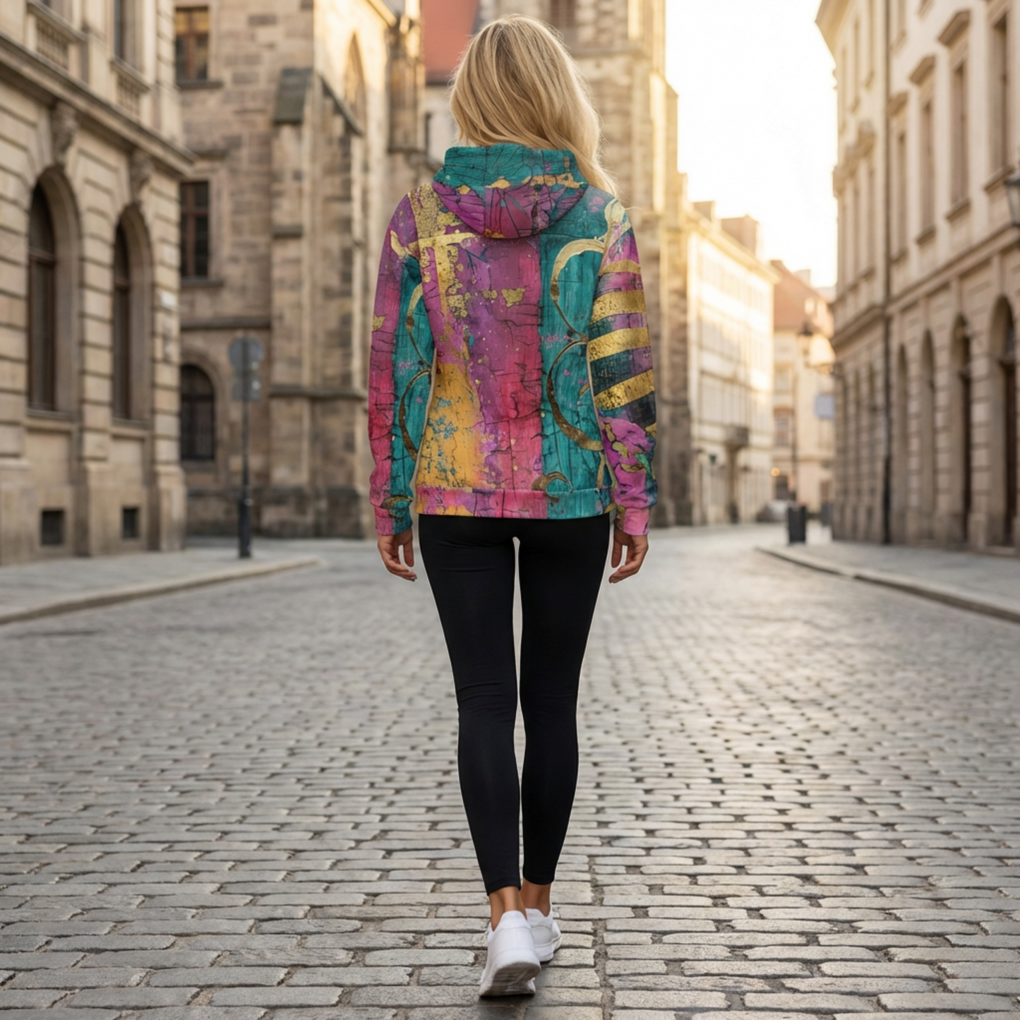 Vibrant abstract unisex zip hoodie with gold accents, colorful streetwear hoodie, bold art hoodie, graphic hoodie, vivid fashion