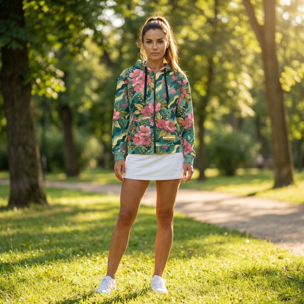 Nature-inspired floral camouflage zip hoodie with blooming pink flowers, lush green leaves, and artistic botanical print