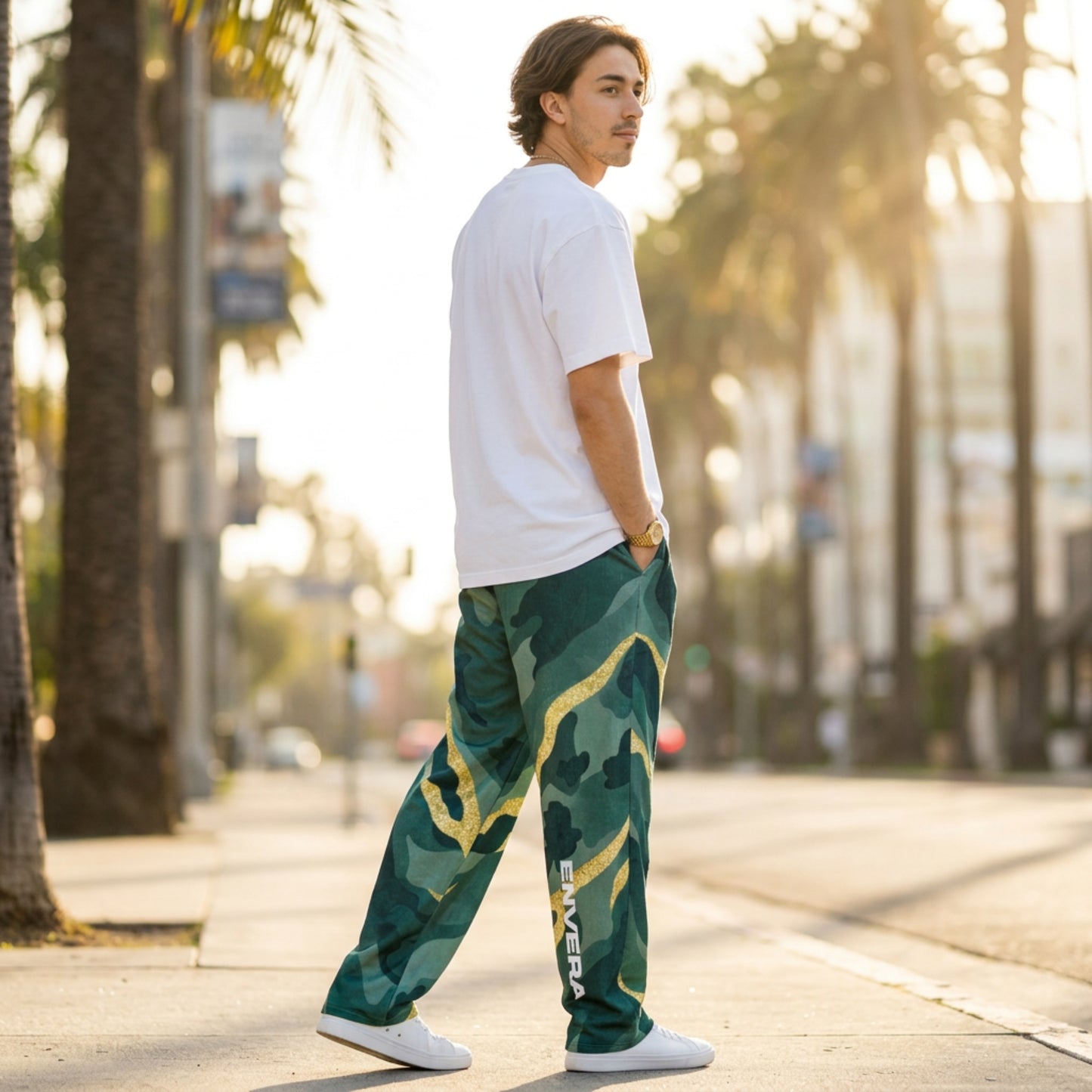 VIBRANT REBEL Floral camouflage unisex Wide-leg joggers, bold streetwear joggers, colorful camo design