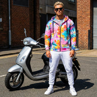 Colorful unisex zip hoodie featuring a vibrant abstract paint splatter design and bold back print