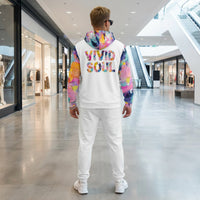 Colorful unisex zip hoodie featuring a vibrant abstract paint splatter design and bold back print