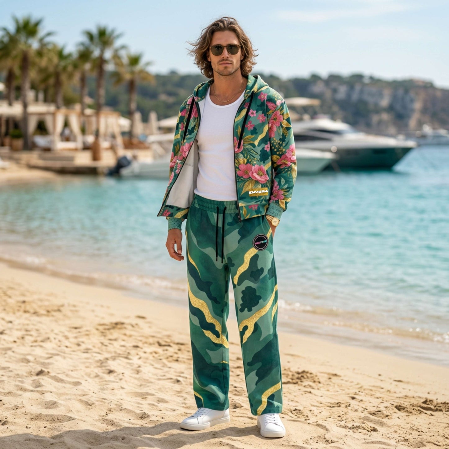 VIBRANT REBEL Floral camouflage unisex Wide-leg joggers, bold streetwear joggers, colorful camo design
