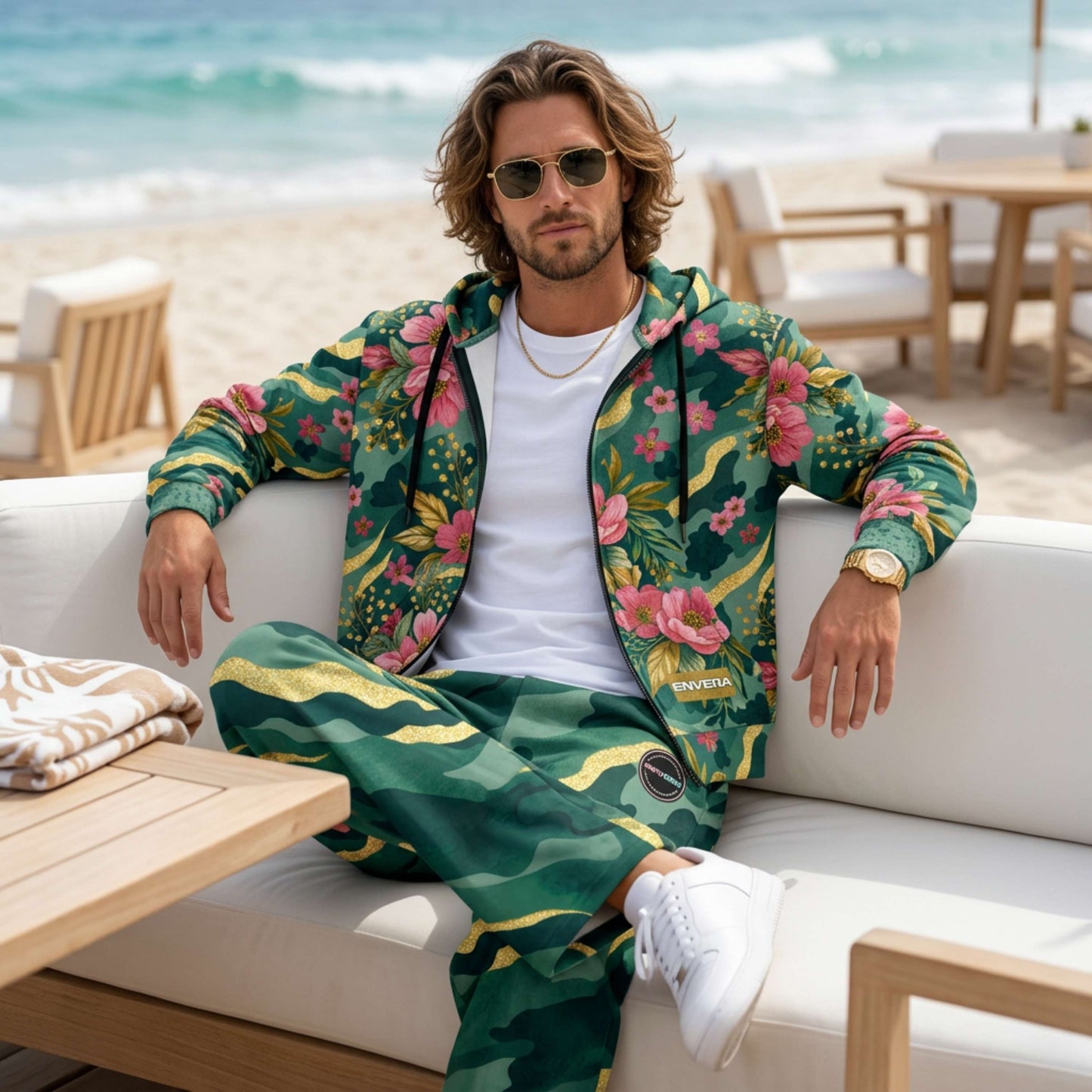 VIBRANT REBEL Floral camouflage unisex Wide-leg joggers, bold streetwear joggers, colorful camo design