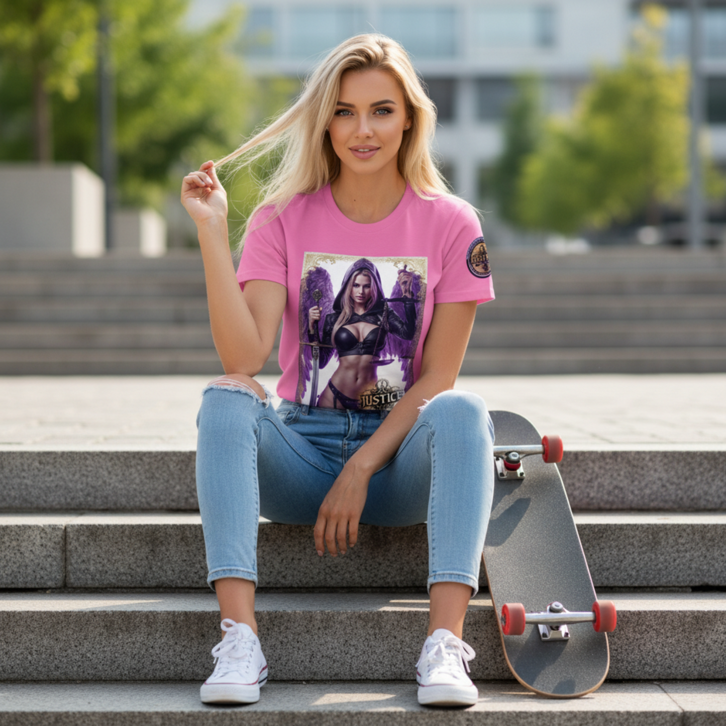 Justice Angel T-Shirt | Heavyweight unisex tee featuring ethereal angel wings cradling a sword and the scales of justice