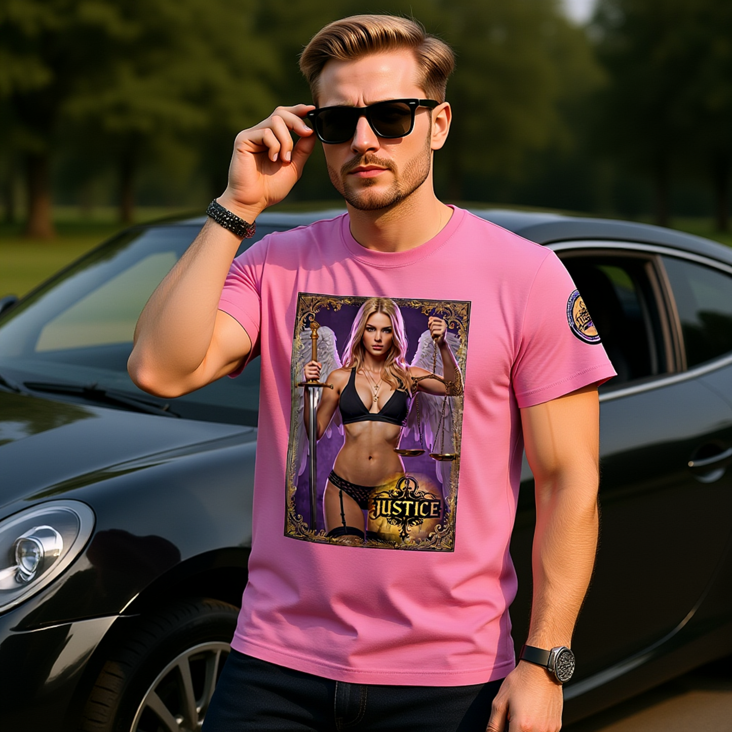 Justice Angel T-Shirt | Heavyweight unisex streetwear tee featuring sword and scales design. Bold statement piece.