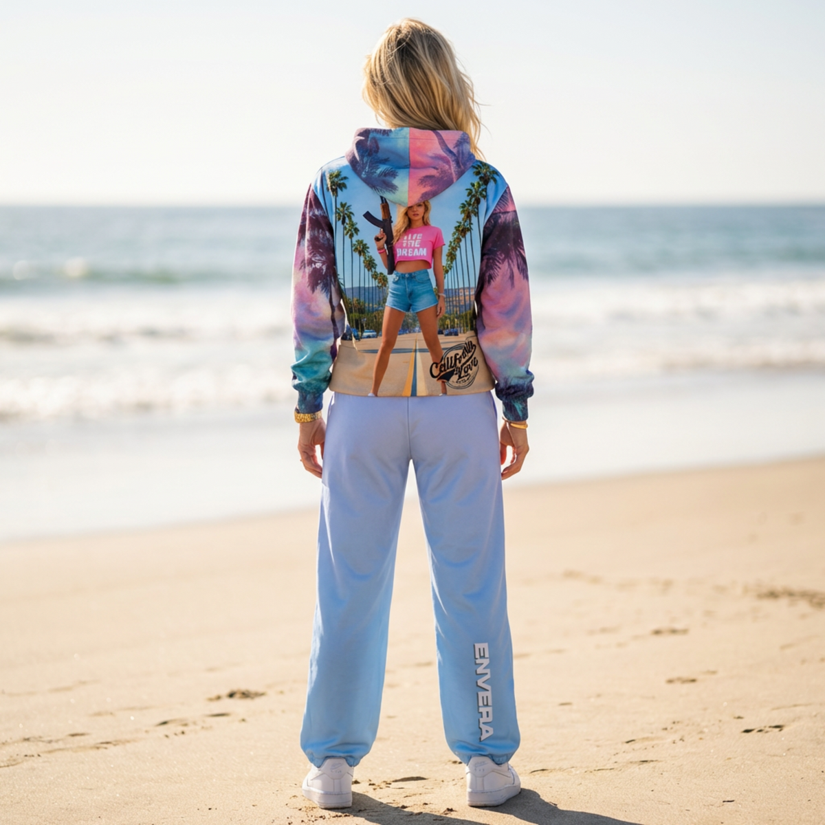 Unisex wide-leg joggers with neon palm tree print in pink, teal, lavender, and violet gradient tones