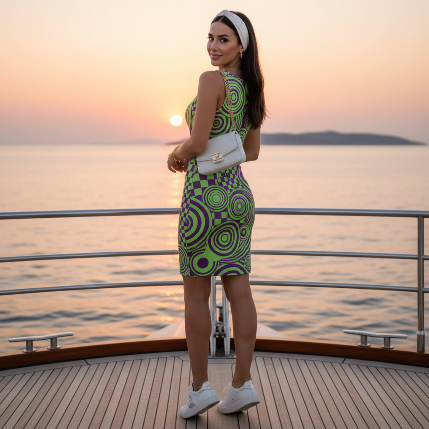 Retro Inspired Psychedelic Mini Dress – Psychedelic Print in Deep Purple & Bright Lime Green | Stretch Bodycon Dress | Summer Stretch Dress