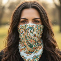 Bohemian paisley bandana featuring a colorful floral print in warm earthy tones
